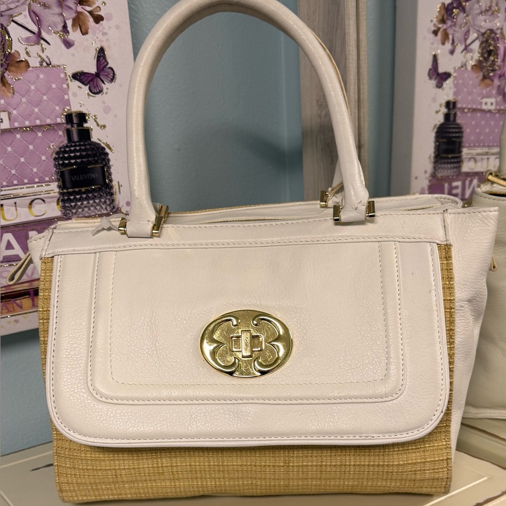 Emma Fox Straw Leather Satchel Bag Cream Tan Gold Turn Lock Summer Handbag